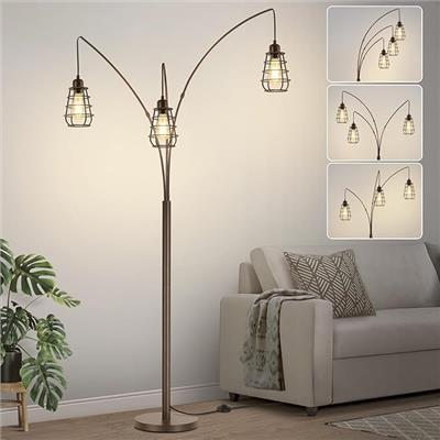 Industrial Floor Lamp, 3 Light Arc Floor Lamps for Living Room, 76 Inch Tall Standing Lamp with Metal Cage Shades & Foot Switch, Vintage Floor Lamp fo