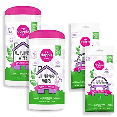 Dapple All Purpose Wipes Baby, Hint of Lavender, 75 Count Canister (Pack of 2) + 30 Count Pouch (Pack of 2) - Plant Based & Hypoallergenic Cleaning Wi