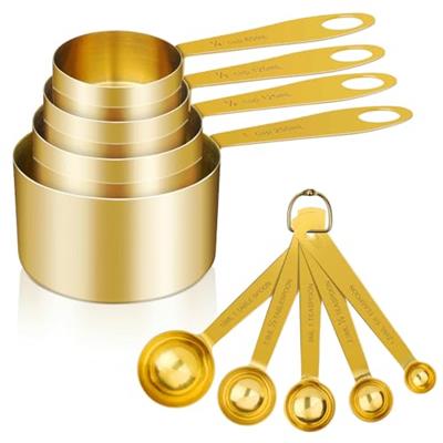 GuDoQi Measuring Cups and Spoons Set of 9, Stainless Steel Handle with Metric and US Measurements, Golden Polished Finish, Dry & Liquid Ingredient Mea