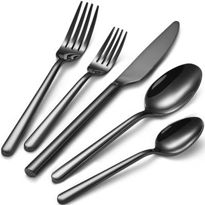 40-Piece Black Silverware Set for 8, Heavy-Duty 18/0 Stainless Steel Black Flatware Cutlery Set, Modern Round Handle Black Utensils Set, Dishwasher Sa