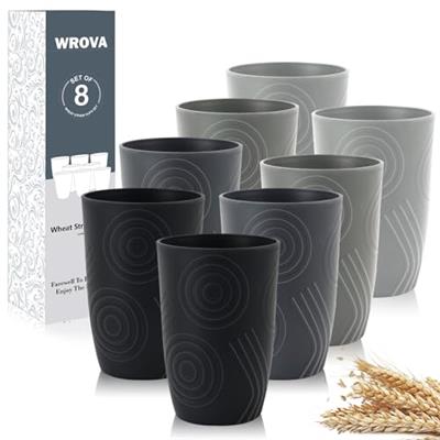Wrova Wheat Straw Cups 16oz set of 8 with Etched Pattern - Alternative Plastic Cups Dishwasher Safe - Plastic Drinking Cups Unbreakable for Kids - Bla