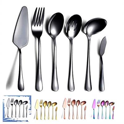 6-Piece Black Serving Flatware Silverware Set,Stainless Steel Serving Utensil Set,Include Cake Server, Slotted Serving Spoon, Serving Spoon, Cold Meat