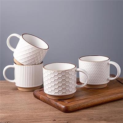 GBHOME 12OZ Stackable Coffee Mugs, Ceramic Coffee Mugs with Texture Patterns for Man,Woman,Dad,Mom, Modern Coffee Mugs Set of 4 for Latte/Cappuccino/C