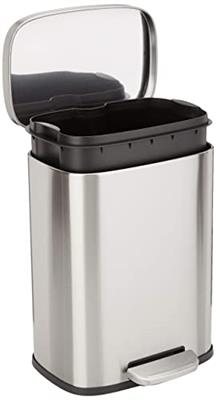 Amazon Basics Smudge Resistant Small Rectangular Trash Can With Soft-Close Foot Pedal, Brushed Stainless Steel, 12 Liter/3.1 Gallon, Satin Nickel Fini