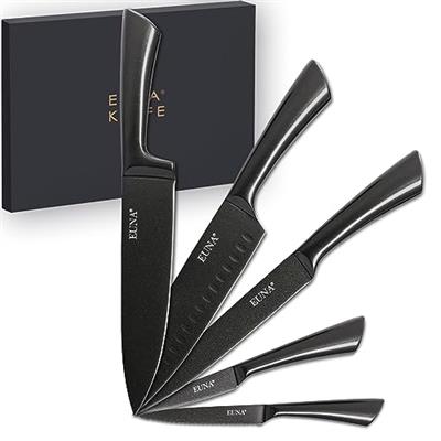 EUNA 5 PCS Kitchen Knife Set [Durable & Sharp], All Metal Chef Knife Set with Sheaths and Gift Box, Premium German Stainless Steel Knife with Ergonomi