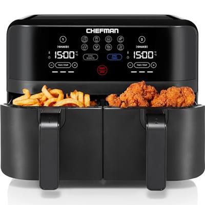 Chefman TurboFry Touch Dual Air Fryer, Maximize The Healthiest Meals With Double Basket Capacity, One-Touch Digital Controls And Shake Reminder For Th
