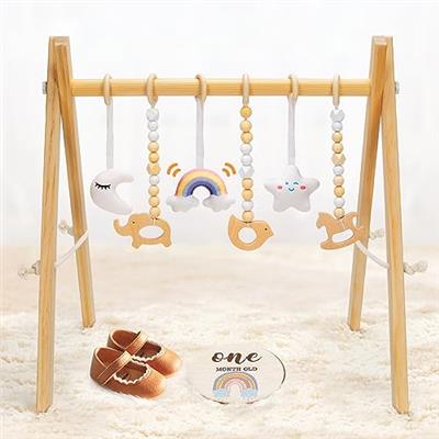 Wooden Baby Play Gym with 6 Gym Toys - Foldable Frame Activity Center Hanging Bar, Natural Wood Play Gym Fit Baby Gym Mat, Ideal Gift for Newborn Infa