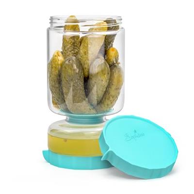 SOPHICO Glass Pickle and Olives Jar Container with Strainer Flip, Leak-proof Juice Separator Hourglass Food Saver Storage (Blue)