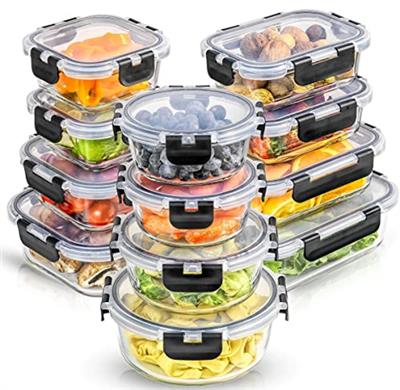 JoyJolt JoyFul 24pc(12 Airtight, Freezer Safe Food Storage Containers and 12 Lids), Pantry Kitchen Storage Containers, Glass Meal Prep Container for L