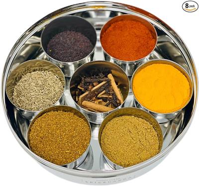 Amazon.com: spice dabba Stainless Steel Indian Spice Box, Indian Masala Dabba, Double Lid Spice Container with 8 Spices| Kitchen Spice Box (Spice Box