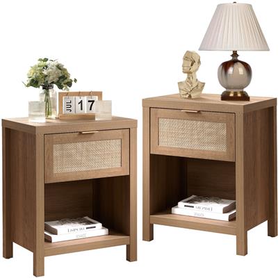 SICOTAS Farmhouse Rattan Nightstand Set of 2 with Drawer and Storage Shelf