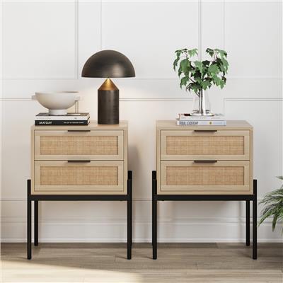 Nathan James Andrew Rattan End Side Table Storage Doors Gold Accents