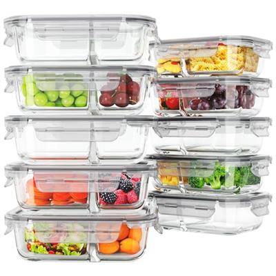 HOMBERKING 10 Pack Glass Meal Prep Containers 2 Compartment, Glass Food Storage Containers with Lids, Airtight Glass Lunch Bento Boxes, BPA-Free & Lea