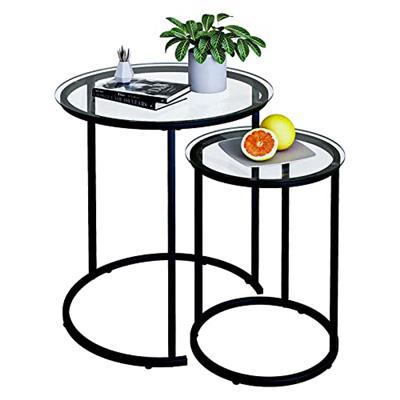 Azheruol Nesting Coffee Table Set of 2,Modern Black Tempered Glass Side Table, Metal Frame Round End Table.Small Glass Tea Table for Living Room,Bedro