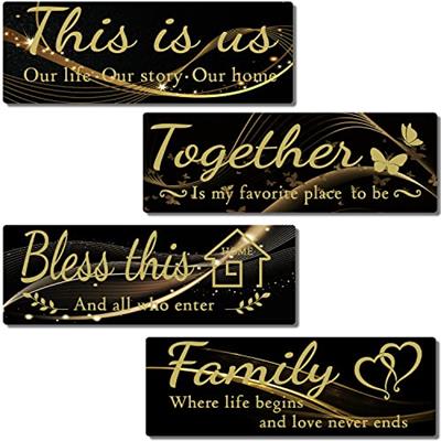 4 PCS Home Wall Decor Signs, IDATOO Rustic Wooden Living Room Hanging Decorations with Quotes THIS IS US/TOGETHER/BLESS THIS/FAMILY, Housewarming Gift