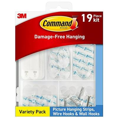 Command Variety Pack, Picture Hanging Strips, Wire Hooks and Wall Hooks, Damage Free Hanging Clear Variety Pack for Up to 19 Items, 1 Kit