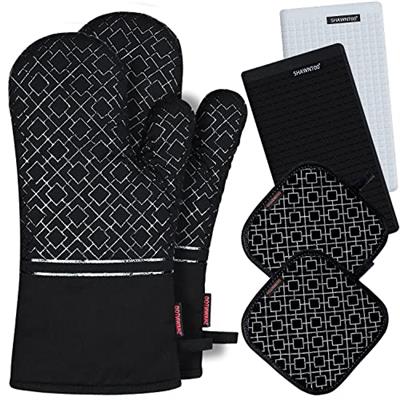 Oven Mitts and Pot Holders Set 6pcs, Kitchen Oven Glove,High Heat Resistant 550 Degree Extra Long Oven Mitts and Potholder with Non-Slip Silicone Surf