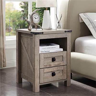 T4TREAM Nightstand wtih Charging Station, End Table, Side Table with 2 Drawers Storage Cabinet for Bedroom, Living Room, Farmhouse Design, Wood Rustic