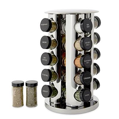 Kamenstein 20 Jar Revolving Countertop Spice Rack with Spices Included, FREE Spice Refills for 5 Years, Polished Stainless Steel with Black Caps, 3002