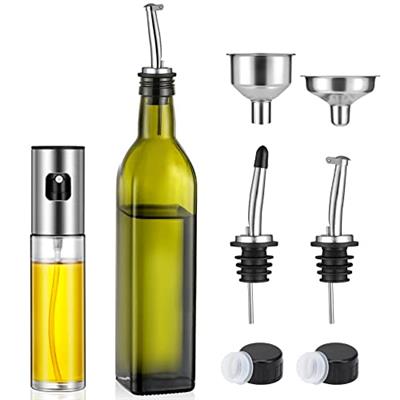 NETANY Olive Oil Dispenser 17 OZ and Oil Sprayer Bottle 100 ML for Cooking Set - Green Oil and Vinegar Cruet Bottle Set for Kitchen - Glass container