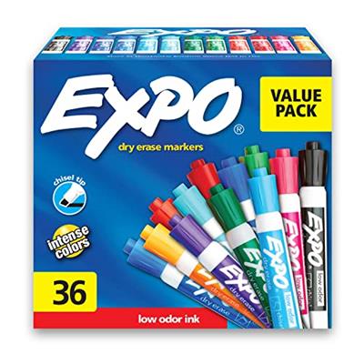 EXPO Low Odor Dry Erase Markers, Chisel Tip, Fashion Assorted Colors, 36 Count