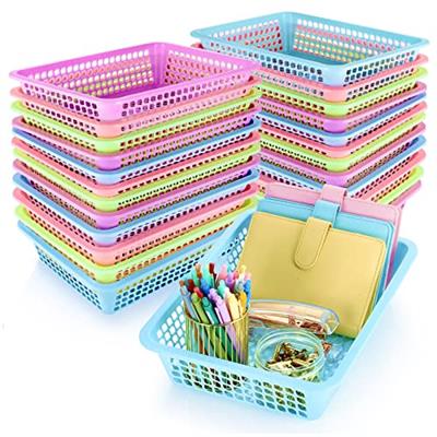 Zhehao 24 Pcs Paper Organizer Basket 13.6 x 10.2 x 3.3 Inch Classroom Plastic Mesh Bins Colorful Organization Storage Trays Classroom Office Home Bask