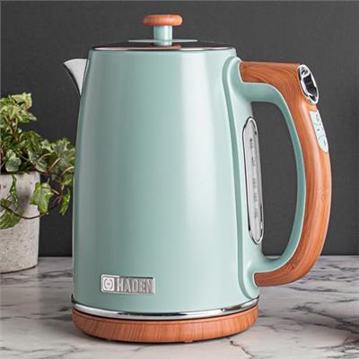 Haden Dorchester Variable Temperature Kettle - 3000w Rapid Boil, Wood Effect Finish, 1.7litre - Green Stainless Steel Kettle - Overheat Protection - D