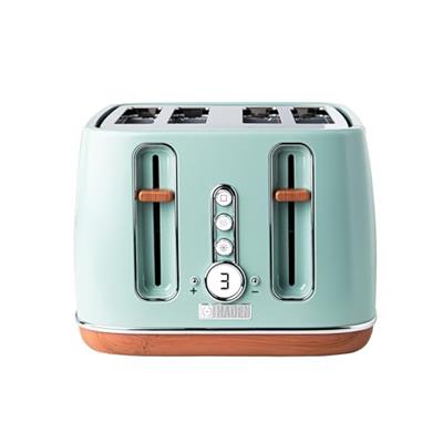 Haden Dorchester Green Toaster 4 Slice – Modern LCD Display - 6 Browning Levels - With Wood Effect Finish - Cancel/Defrost/Reheat - 1900-2300W Digital