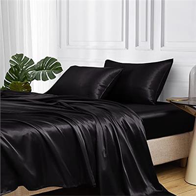 MR&HM Satin Bed Sheets, King Size Sheets Set, 4 Pcs Silky Bedding Set with 15 Inches Deep Pocket for Mattress (King, Black)
