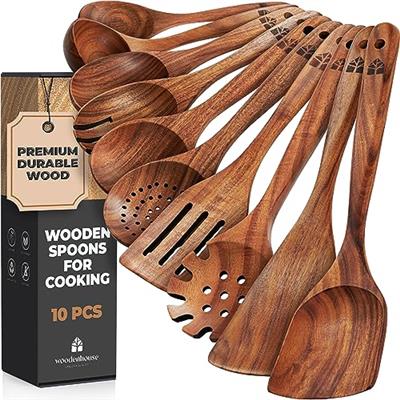 Wooden Spoons for Cooking, 10 Pcs Teak Wood Cooking Utensil Set – Wooden Kitchen Utensils for Nonstick Pans & Cookware – Sturdy, Lightweight & Heat Re