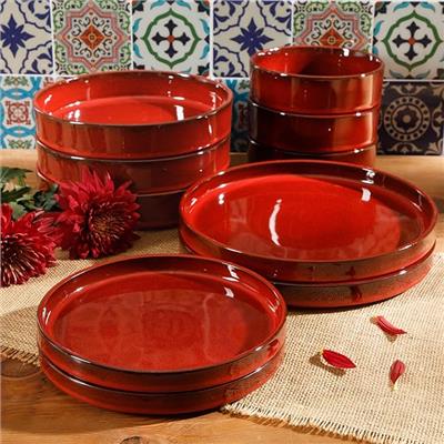 Amazon.com | Bloomhouse - Oprahs Favorite Things - Santorini Mist Double Bowl Terracotta Reactive Glaze Plates and Bowls Dinnerware Set - Amber, Serv