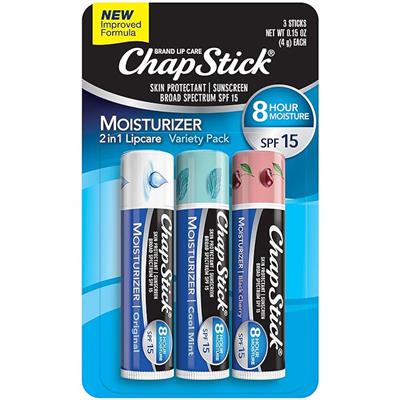 Amazon.com: ChapStick Moisturizer Original, Black Cherry and Cool Mint Lip Balm Tubes Variety Pack, SPF 15 and Skin Protectant - 0.15 Oz (Pack of 3) :