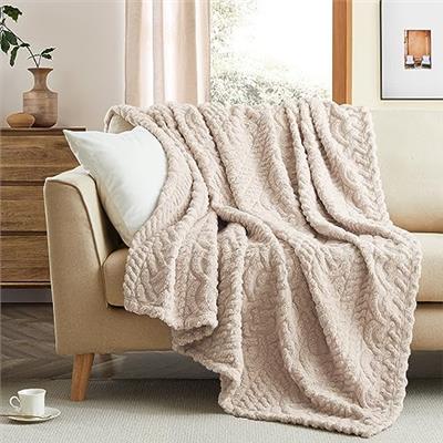 Sherpa Throw Blanket,Cable Pattern Decorative Soft Cozy Blanket for Couch Sofa,Light Weight Fleece Warm Throw Blanket for Bed,Beige,152 x 203 cm