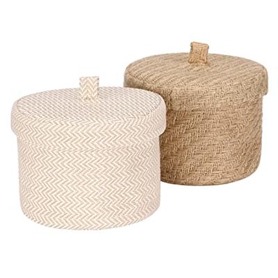 Sea Team 2 Pack Jute and Cotton Linen Storage Basket Cute Round Box for Toiletry Toy Sundry Item 2 Liters Desk Gadget Organizer with Lid(Small C)