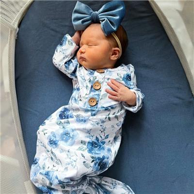 Baileys Blue Floral Newborn Baby Knot Gown & Hat Set | Caden Lane
