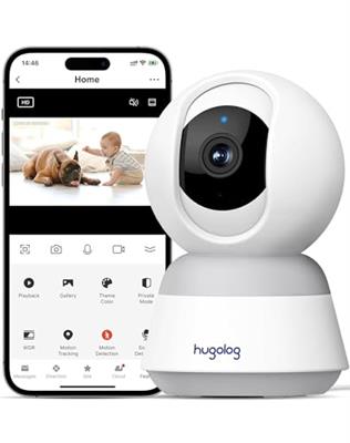 Hugolog 3K 5MP Indoor Pan/Tilt Security Camera with Auto-Focus,Ideal for Baby Monitor/Pet Camera/Home Security,Starlight Color Night Vision,Human/Pet