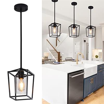 Pendant Light Fixture,Adjustable Black Iron Cage Farmhouse Metal Kitchen Island Hanging Light with Clear Glass Shade, Suitable for Kitchen Island, Ent