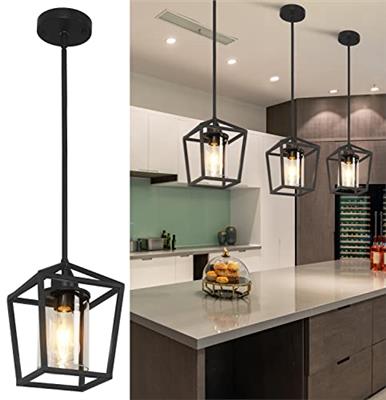 JIAYASHOUS 1 Pack Black Pendant Light Fixture Farmhouse Iron Cage Metal Pendant Light Lantern Hanging Light Fixtures with Clear Glass Shade for Kitche