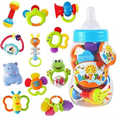 WISHTIME 11PCS Baby rattles teethers for Newborn Toys, Gifts for Infants with Hand Development Rattle Toys and Giant Bottle for 0 3 6 9 12 Month Girl
