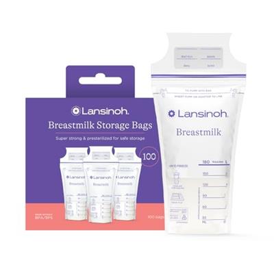 Lansinoh Breastmilk Storage Bags, 100 Count, Easy to Use Breast Milk Storage Bags for Feeding, Presterilized, Hygienically Doubled-Sealed for Refriger