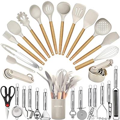 Kitchen Utensils Set- 35 PCs Cooking Utensils with Grater,Tongs, Spoon Spatula &Turner Made of Heat Resistant Food Grade Silicone and Wooden Handles K