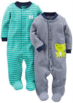 Simple Joys by Carters Baby Boys 2-Pack Cotton Snap Footed Sleep and Play, Navy Stripe/Turquoise Blue Stripe, Newborn
