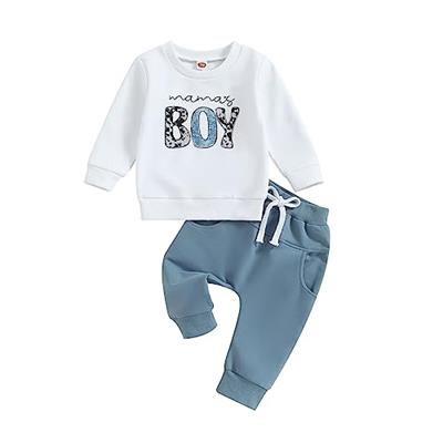 Toddler Baby Boy Clothes Mamas Boy Fall Winter Outfit Long Sleeve Letter Sweatshirt Plaid Jogger Pants Newborn Set (Mamas Boy White, 0-6 Months)