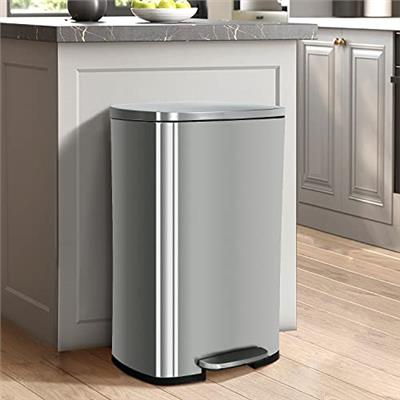 50 Liter / 13 Gallon Kitchen Trash Can, Stainless Steel with Lid, Foot Pedal and Inner Bucket, Fingerprint-Resistant Soft Close Lid Garbage Can, Odor