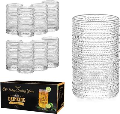 Amazon.com | Pohoudy 8pcs Hobnail Drinking Glasses, 13oz Vintage Beaded Water Cups, Clear Retro Highball Glasses, Heavy Everyday Glassware for Cocktai