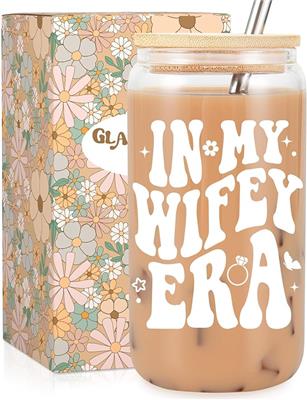 Amazon.com: Fairys Gift Wifey Cup, Engagement Gifts for Her, Bride Gifts, 16oz Coffee Glass Cups with Lids Straws - In My Wifey Era - Mothers Day, Br