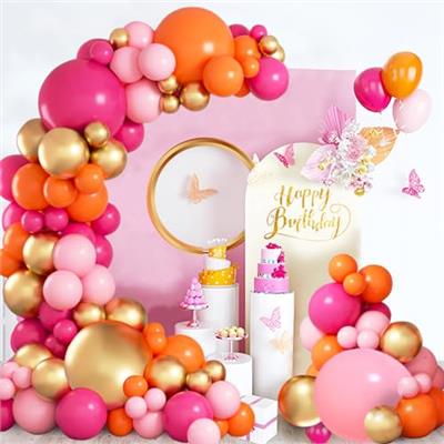 162PCS Hot Pink Balloons Arch Garland Kit Pink Orange Gold Metallic Pastel Pink Party Balloons for Baby Shower Birthday Wedding Party Decorations (Pin