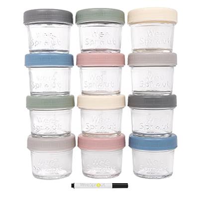 WeeSprout Glass Baby Food Storage Jars w/Lids (4 oz, 12 Pack Set) Snack, Puree, Reusable Small Containers, Breast Milk, Fridge or Freezer, Microwave &