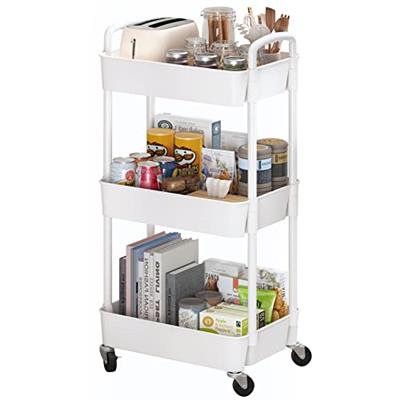 Sywhitta 3-Tier Plastic Rolling Utility Cart with Handle, Multi-Functional Storage Trolley for Office, Living Room, Kitchen, Movable Storage Organizer