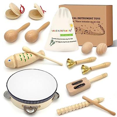 Jpnew Toddler Musical Instruments - Natural Wooden Musical Toys Percussion Instruments Set Preschool Educational Xylophone Kids Drum Set with Storage